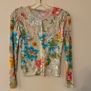 Blumarine Beige Floral Lace Button Down Shirt
